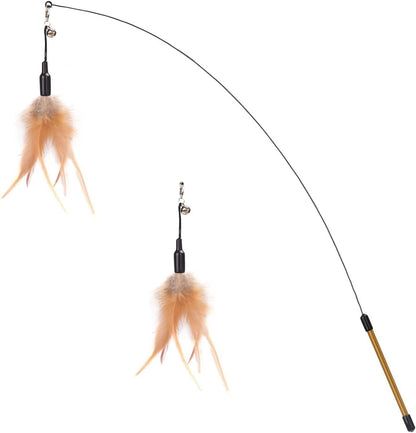 Cat Feather Wand Interactive Toy, 2 Feathers + 1 Wand with Bell | Cat Feather Teaser Toys Flying Catcher Extra Long 34.5" Wand Exerciser Playing Chase Cat Toy Wands for Kitten or Cats, Brown