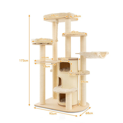 Albero per Gatti Multi-Livello Con Nicchia a 3 Piani 2 Cucce Tiragraffi, Torre per Gatti in Legno Da Interno 2 Colori